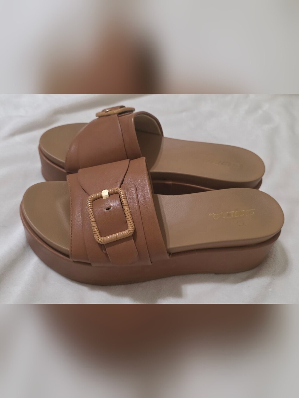SODA Tan/Brown Platform Slide Sandals with Buckle Size 8